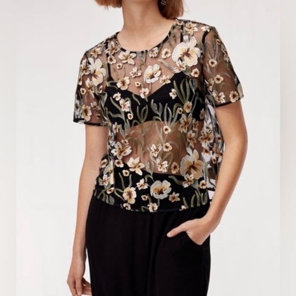Little Moon Tops - Sheer embroidered cropped floral top small short sleeves v neck gold black 90s‌‌